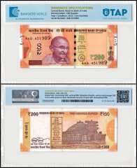 India 200 Rupees Banknote, 2021, P-113o, UNC, Plate Letter A, TAP Authenticated