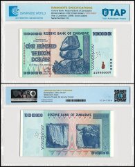 Zimbabwe 100 Trillion Dollars Banknote, 2008, AA, P-91s, UNC, Specimen, TAP Authenticated