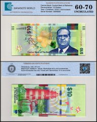 Bahamas 10 Dollars Banknote, 2016, P-79a, UNC, TAP 60-70 Authenticated