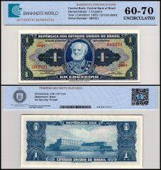Brazil 1 Cruzeiro Banknote, 1954-1958 ND, P-150b, UNC, TAP 60-70 Authenticated