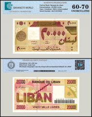 Lebanon 20,000 Livres Banknote, 2001, P-81, UNC, TAP 60-70 Authenticated