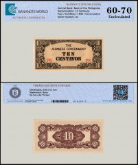 Philippines 10 Centavos Banknote, 1942 ND, P-104a, UNC, TAP 60-70 Authenticated