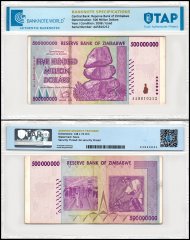 Zimbabwe 500 Million Dollars Banknote, 2008, P-82, Used, TAP Authenticated