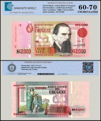 Uruguay 2,000 Nuevos Pesos Banknote, 1989, P-68, UNC, TAP 60-70 Authenticated