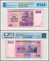 Zimbabwe 500 Dollars Banknote, 2007, P-70, Used, TAP Authenticated