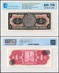 Mexico 1 Peso Banknote, 1967, P-59j.2, UNC, Series BDE, TAP 60-70 Authenticated