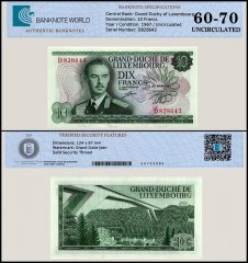 Luxembourg 10 Francs Banknote, 1967, P-53a, UNC, TAP 60-70 Authenticated