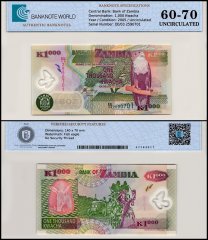Zambia 1,000 Kwacha Banknote, 2005, P-44d, UNC, Polymer, TAP 60-70 Authenticated