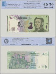 Argentina 5 Pesos Banknote, 2015 ND, P-359, UNC, TAP 60-70 Authenticated