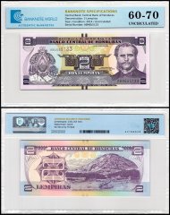 Honduras 2 Lempiras Banknote, 2014, P-97b, UNC, TAP 60-70 Authenticated
