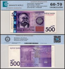 Kyrgyzstan 500 Som Banknote, 2016, P-28b, UNC, TAP 60-70 Authenticated