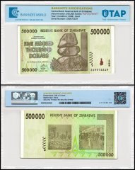 Zimbabwe 500,000 Dollars Banknote, 2008, P-76az, Used, Replacement, TAP Authenticated