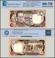 Colombia 2,000 Pesos Oro Banknote, 1990, P-433c, UNC, TAP 60-70 Authenticated