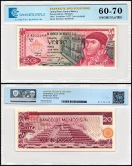 Mexico 20 Pesos Banknote, 1977, P-64d.3, UNC, Series DJ, TAP 60-70 Authenticated