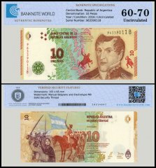 Argentina 10 Pesos Banknote, 2016 ND, P-360, UNC, TAP 60-70 Authenticated