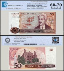 Brazil 50 Cruzados Banknote, 1980-1986, P-210a, UNC, TAP 60-70 Authenticated