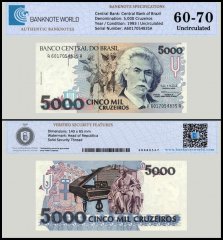 Brazil 5,000 Cruzeiros Banknote, 1993, P-232c, UNC, TAP 60-70 Authenticated