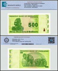 Zimbabwe 500 Dollars Banknote, 2009, P-98, UNC, TAP Authenticated