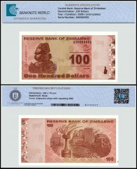 Zimbabwe 100 Dollars Banknote, 2009, P-97, UNC, TAP Authenticated