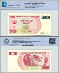 Zimbabwe 50,000 Dollars Bearer Cheque, 2007, P-47, UNC, TAP Authenticated