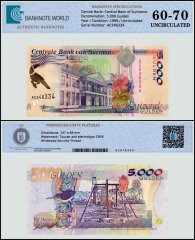 Suriname 5,000 Gulden Banknote, 1999, P-143b, UNC, TAP 60-70 Authenticated