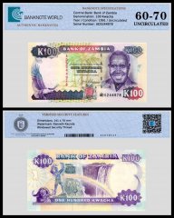 Zambia 100 Kwacha Banknote, 1991 ND, P-34, UNC, TAP 60-70 Authenticated