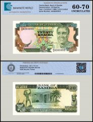 Zambia 20 Kwacha Banknote, 1989-1991 ND, P-32b, UNC, TAP 60-70 Authenticated