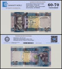 South Sudan 10 South Sudanese Pounds Banknote, 2011 ND, P-7, UNC, TAP 60-70 Authenticated