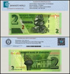 Zimbabwe 2 Dollars Banknote, 2019, P-101, UNC, TAP Authenticated
