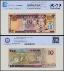 Fiji 10 Dollars Banknote, 2002 ND, P-106, UNC, TAP 60-70 Authenticated