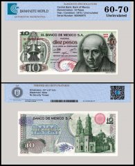 Mexico 10 Pesos Banknote, 1975, P-63h.5, UNC, Series 1EB, TAP 60-70 Authenticated