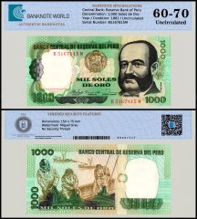 Peru 1,000 Soles de Oro Banknote, 1981, P-122, UNC, TAP 60-70 Authenticated