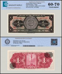 Mexico 1 Peso Banknote, 1965, P-59i.1, UNC, Series BCQ, TAP 60-70 Authenticated