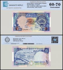Kuwait 1/2 Dinar Banknote, L.1968 (1992 ND), P-18, UNC, TAP 60-70 Authenticated