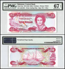 Bahamas 3 Dollars, 1974 - ND 1984, P-44a, Queen Elizabeth II, PMG 67