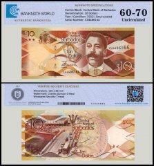 Barbados 10 Dollars Banknote, 2013, P-75, UNC, TAP 60-70 Authenticated