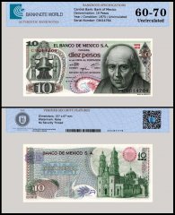 Mexico 10 Pesos Banknote, 1975, P-63h.5, UNC, Series 1EC, TAP 60-70 Authenticated