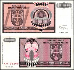 Croatia - Serbian Krajina 10 Milijardi (Billion) Dinara Banknote, 1993, P-R19, Used
