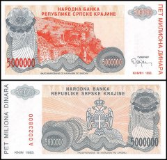 Croatia 5 Million Dinara Banknote, 1993, P-R24, UNC