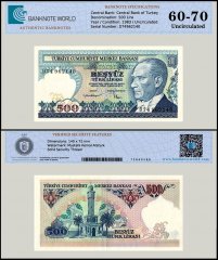Turkey 500 Lira Banknote, L.1970 (1983 ND), P-195a.3, UNC, Prefix D, TAP 60-70 Authenticated