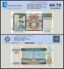 Burundi 1,000 Francs Banknote, 2009, P-46, UNC, TAP 60-70 Authenticated
