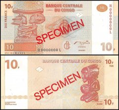 Democratic Republic of Congo 10 Francs Banknote, 2003, P-93s, UNC, Specimen