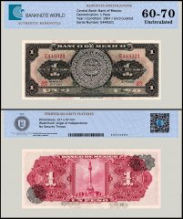 Mexico 1 Peso Banknote, 1967, P-59j.5, UNC, Series BDV, TAP 60-70 Authenticated