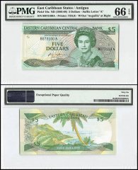 East Caribbean States - Antigua 5 Dollars, 1986, P-18a, Queen Elizabeth II, PMG 66