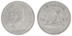 Fiji 1 Shilling Coin, 1957, KM #23, Mint, Queen Elizabeth II, Boat