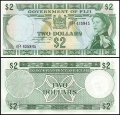 Fiji 2 Dollars Banknote, 1971, P-66a, UNC, Queen Elizabeth, Signature Wesley Barret, Geometric Lathe Pattern