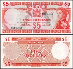 Fiji 5 Dollars Banknote, 1974, P-73a, UNC, Queen Elizabeth, Signature D. J. Barnes and I. A. Craik