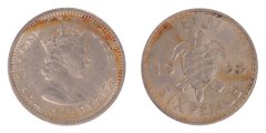 Fiji 6 Pence Coin, 1965, KM #19, F-Fine, Queen Elizabeth II, Turtle