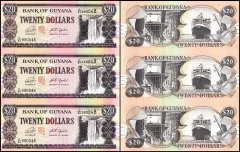 Guyana 20 Dollars Banknote, 1996-2018 ND, P-30g, UNC, 3 Pieces Uncut Sheet