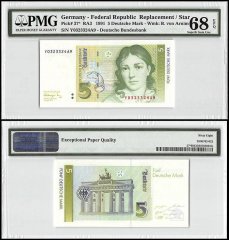 Germany 5 Deutsche Mark, 1991, P-37, Replacement/Star, PMG 68
